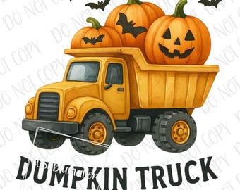 Op de afbeelding: Illustratie van een gele dumper met drie oranje pompoenen met uitgesneden gezichten en vleermuissilhouetten. De tekst "PUMPKIN TRUCK" staat eronder. Een feestelijk Halloween-ontwerp.