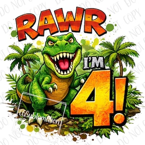 Op de afbeelding: Een kleurrijke afbeelding met een groene dinosaurus met de tekst "RAWR" in oranje en rood, en de tekst "I'M 4!" in wit en oranje. Palmbomen en bladeren omringen de dinosaurus, waardoor een junglescène ontstaat.