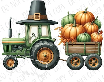 May include: A green tractor with a pilgrim hat pulls a wagon filled with orange and green pumpkins. The wagon has wooden sides and wheels.