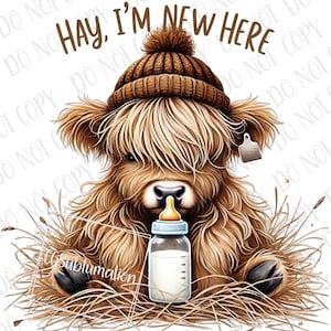 Schattige boerderijbaby PNG, hooi, ik ben nieuw hier Highland Cow sublimatie, digitale download, Barnyard Winter png, baby koe pasgeboren babyshower boerderij png