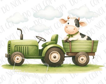Green Tractor & Dairy Cow PNG Sublimation PNG, Farm Animals Toddler Sublimation, Digital Download, Cute Milk Farm Cow PNG, Cow Tractor Moo