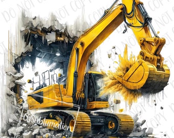 Excavator Hole In A Wall png Sublimation | Construction Trucks png | Digital Download | Truck In Wall Construction Crew | Hole Excavator png