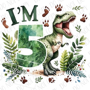 T-Rex 恐竜 png、5歳の誕生日 I'm 5 Dino PNG、Trex 恐竜昇華 Bday T-Rex PNG、T-Rex 赤ちゃん幼児誕生日パーティー恐竜ギフト