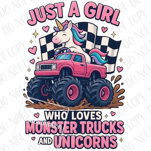 Nur ein Mädchen, das Monstertrucks und Einhörner PNG liebt | Pink Truck Sublimationsdruck | Monstertruck Fächer | Mädchen mögen Monstertrucks Zu PNG