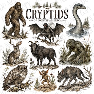 Może przedstawiać: Cyfrowa ilustracja zatytułowana CRYPTIDS OF NORTH AMERICA przedstawiająca szczegółowe rysunki różnych legendarnych stworzeń, w tym Wielkiej Stopy, skrzydlatego demona, potwora z jeziora, jackalope'a, kozła, stworzenia z bagien, sowy, goblina i wilkopodobnej bestii.