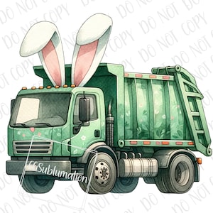 May include: A green garbage truck with bunny ears. The truck has a floral pattern on the side and a ladder on the back.