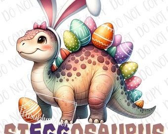 May include: A cartoon stegosaurus wearing a pink bunny headband and holding Easter eggs on its back. The dinosaur is pink, green, and orange. The text "STEGGOSAURUS" is written below the dinosaur.