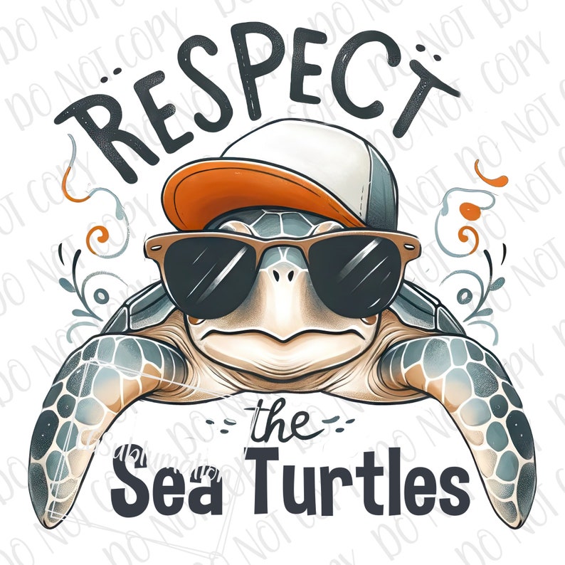 Puede incluir: Una tortuga de mar de dibujos animados con gafas de sol y una gorra de b&eacute;isbol con el texto "Respect the Sea Turtles".
