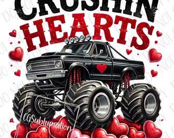 Crushin Hearts PNG Monster Truck Sublimation Téléchargement numérique Saint-Valentin Enfants Cadeaux Gros camions Sublimation Saint-Valentin garçon mignon