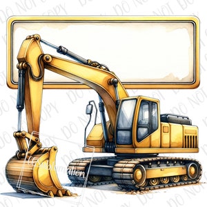 May include: A yellow excavator with a black cab and a large, yellow bucket. The excavator is on a dirt background with a blank sign above it.