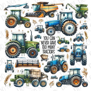 May include: Watercolor illustration of various tractors and farm equipment in shades of green, blue, and orange. The phrase "You Can Never Have Too Many Tractors" is displayed. Wheat stalks and other decorative elements are also included.