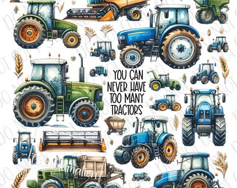 May include: Watercolor illustration of various tractors and farm equipment in shades of green, blue, and orange. The phrase "You Can Never Have Too Many Tractors" is displayed. Wheat stalks and other decorative elements are also included.