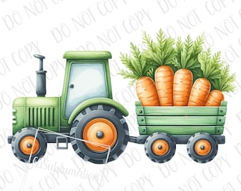 Puede incluir: Un tractor de juguete verde con un vagón lleno de zanahorias naranjas. El tractor tiene un tubo de escape negro y un vagón verde con lados de madera. Las zanahorias están coronadas con hojas verdes.