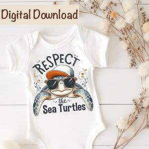 Puede incluir: Un body blanco para beb&eacute; con un gr&aacute;fico de una tortuga de mar de dibujos animados que lleva gafas de sol y una gorra de b&eacute;isbol. El texto "RESPECT the Sea Turtles" est&aacute; impreso debajo de la tortuga.