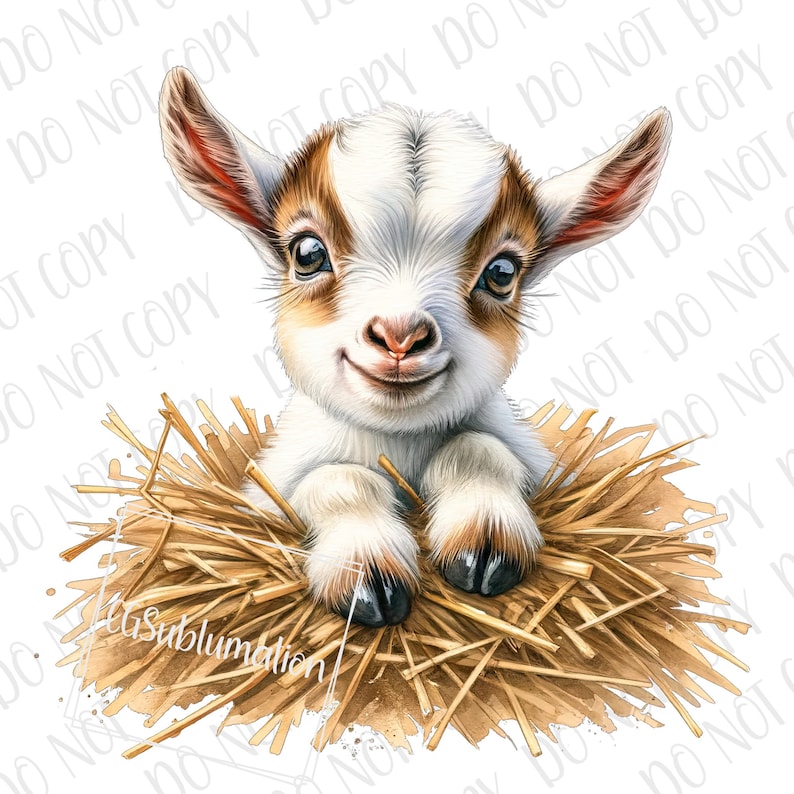 May include: A white and brown baby goat with brown eyes is sitting in a nest of straw. The goat is looking at the camera and has a happy expression on its face.