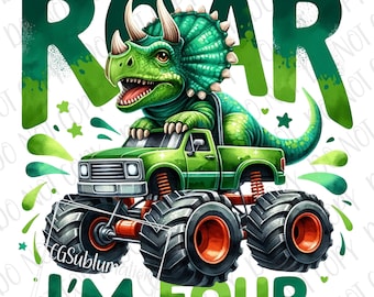 Triceratops Monster Truck png | Monster Truck Dinosaur PNG Sublimation | Roar I'm 4 PNG | Triceratops Dino Roar & Roll Truck 4th Birthday