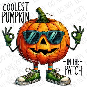May include: A cartoon pumpkin wearing sunglasses and sneakers with the text "Coolest Pumpkin - In The Patch" on a white background.