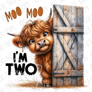 May include: A brown and white Highland cow peekes out from behind a wooden barn door. The cow has a cute expression on its face. The text "Moo Moo I'm Two" is written on the image.