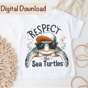 Puede incluir: Camiseta blanca con una tortuga de mar de dibujos animados que lleva gafas de sol y una gorra de b&eacute;isbol. El texto "RESPECT the Sea Turtles" est&aacute; impreso en la camiseta.