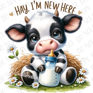 Lindo bebé de granja PNG, heno, soy nuevo aquí, vaca Holstein, sublimación, descarga digital, bebé de corral png, bebé vaca recién nacida, baby shower, granja png