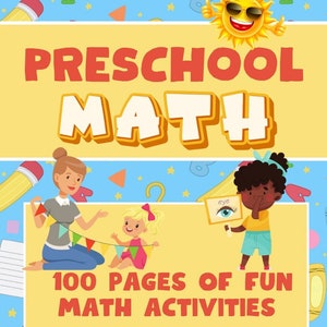 以下が含まれることがあります： 黄色と青色のイラストが描かれた本の表紙で、タイトルは「Preschool Math」と赤と黄色の文字で書かれています。表紙には、サングラスをかけた笑顔の太陽と、2人の子供が描かれており、一人は「eye」と書かれた旗を持っています。表紙の下部には、「100 Pages of Fun Math Activities.」というテキストが書かれています。