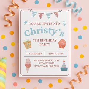 Editable Girl Birthday Invitation, Party Invite Template, Canva Digital Download, Pastel Printable Card