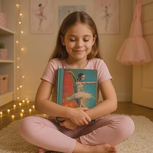 Può includere: Una bambina è seduta su un tappeto con un libro in grembo. La copertina del libro mostra un dipinto di una ballerina con un tutù bianco, su uno sfondo colorato. La bambina sorride e guarda il libro.