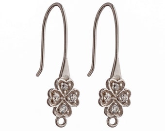 Ear Wires with Cubic Zirconia Inlays Clover in Sterling Silver 24.5x8mm 20 Gauge | EW046