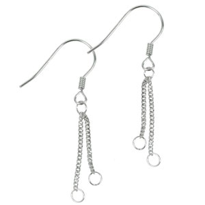 May include: A pair of silver dangle earrings with two chains and three small rings at the bottom.