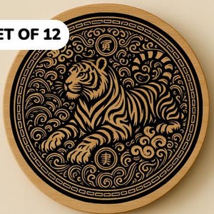 May include: Set of 12 wooden coasters with engraved Chinese zodiac animal designs. The set includes a large coaster with a tiger and smaller coasters with a horse, monkey, rat, and rabbit. The coasters are light brown with black engraved details.