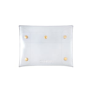 Peut inclure: Pochette rectangulaire transparente aux coins arrondis, fermée par des boutons-pression dorés. Le mot "ORDERLI" est imprimé sur le devant. Le matériau transparent permet de voir le contenu.