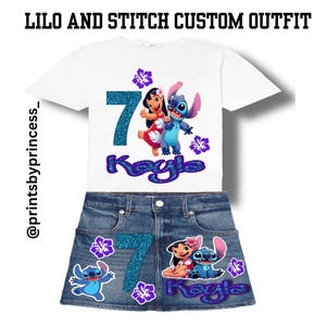 Lilo och Stitch jeanskjol och skjorta - Personlig födelsedagsoutfit | Alla åldrar | Alla storlekar