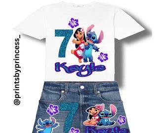 Lilo en stitch, spijkerrok en shirt - Gepersonaliseerde verjaardagsoutfit | Elke leeftijd | Elke maat