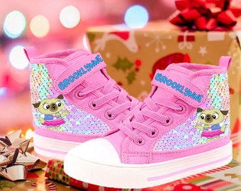 Chip and Potato Birthday Party Personalized Name Pink Sequins High Top Shoes Sneakers