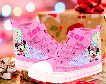 Minnie Mouse Birthday Party Personalized Name Pink Sequins High Top Shoes Sneakers