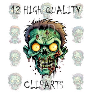 Halloween Cartoon Zombie Portrait Clipart. Halloween Clipart. Watercolor clipart - 12 High Quality JPGs. Clipart.