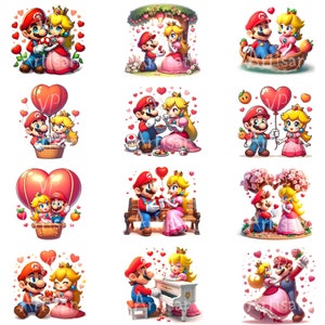 Super Mario et princesse Peach Clipart de la Saint-Valentin. Clipart de la Saint-Valentin. Conception de cartes de Noël - 12 JPG de haute qualité. Noël Clipart