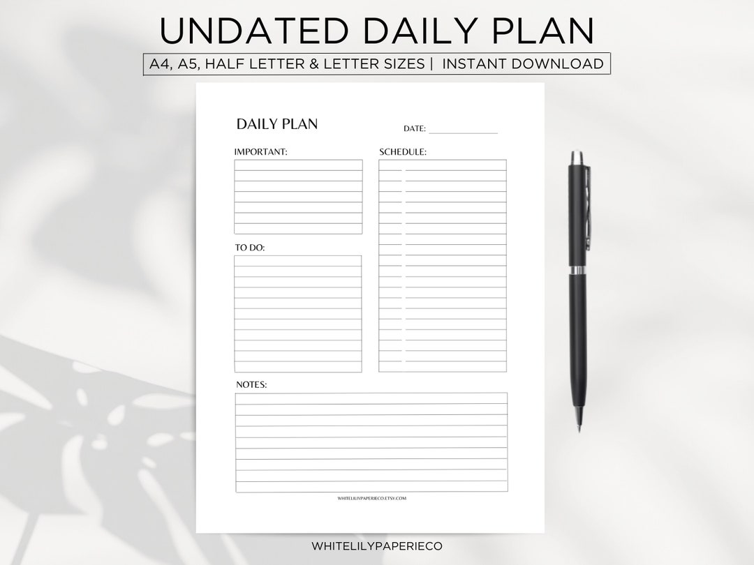 Undated Daily Planner Printable, A4, A5, Half Letter and Letter Size ...