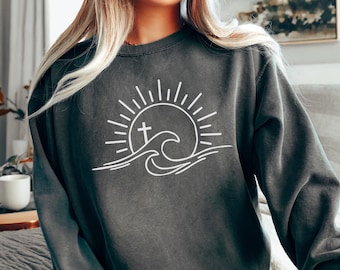 Sunshine Cross Waves Comfort Colors Christian Sweatshirt Beachy Sweatshirt Jesus Ocean Inspired Style Christian Clothes Jesus Sweatshirt