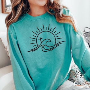 Sunshine Cross Waves Comfort Colors Christian Sweatshirt Beachy Sweatshirt Jesus Ocean Inspired Style Christian Clothes Jesus Sweatshirt