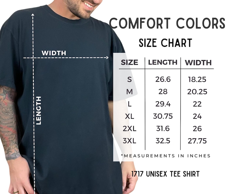 May include: Size chart for a unisex t-shirt, showing measurements in inches for sizes S through 3XL. The chart shows the length and width of the shirt for each size.