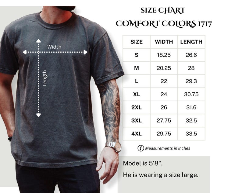 K&ouml;nnte beinhalten: Gr&ouml;&szlig;entabelle f&uuml;r Comfort Colors 1717 T-Shirts, mit Angabe der Breite und L&auml;nge in Zoll f&uuml;r die Gr&ouml;&szlig;en S bis 4XL. Ein Model tr&auml;gt ein T-Shirt in Gr&ouml;&szlig;e L.