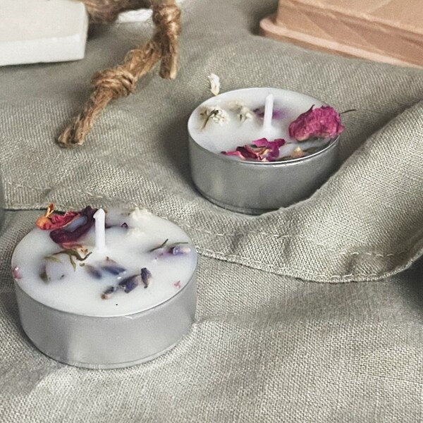 Aromatic Organic Soy Wax Tea lights candles,  GeshenkBox Teelichter, Parfümiert Sojawachs - Teelichter mit natürlichen Trockenblumen 6 stk