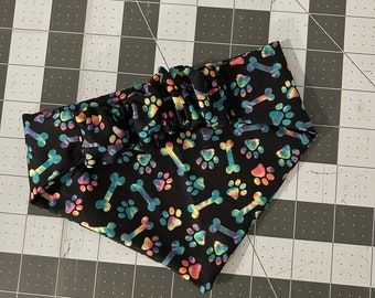 Black and Tie Dye Paw Prints and Bones Dog Bandana Scrunchie