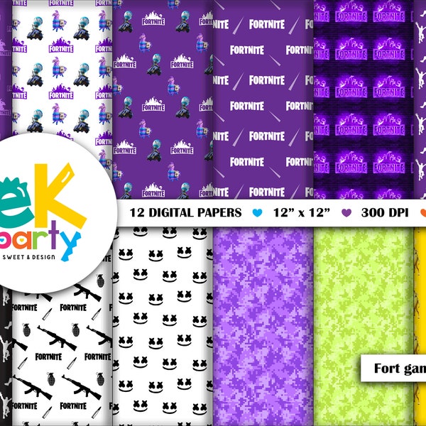 Fort gaming digital paper, patterns, scrapbook paper, gamer, background, set of 12 digital papers 12x12, instant download