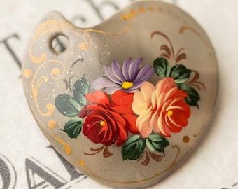 Vintage Russian Hand Painted Floral Heart Wooden Brooch Estate Jewelry