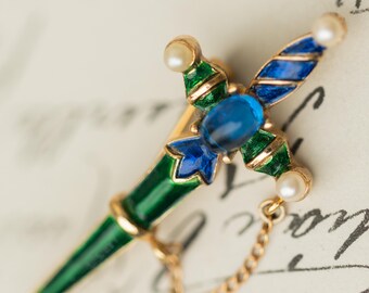 Vintage Crown Trifari Blue Green Enamel Sword Brooch Designer Estate Jewelry