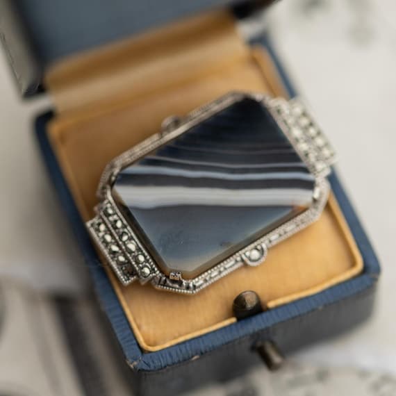 Antique Art Deco Banded Agate Marcasite Sterling Silver Brooch Estate Jewelry
