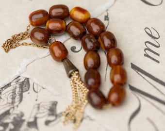 Bakelite Amber Bead Prayer Beads Brown Tassel Vintage Jewelry Worry Beads Statement
