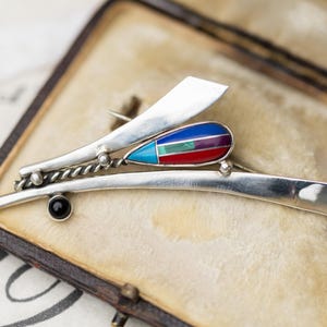 Vintage Navajo Inlay Brooch Sterling Silver Native American Estate Jewelry